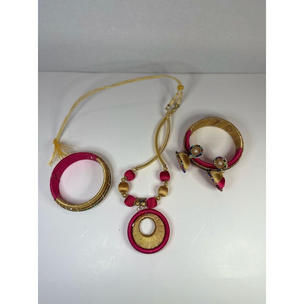 Handmade Pink Gold Silk Thread Jewelry Necklace, Bangles, and Jhumka Earrings